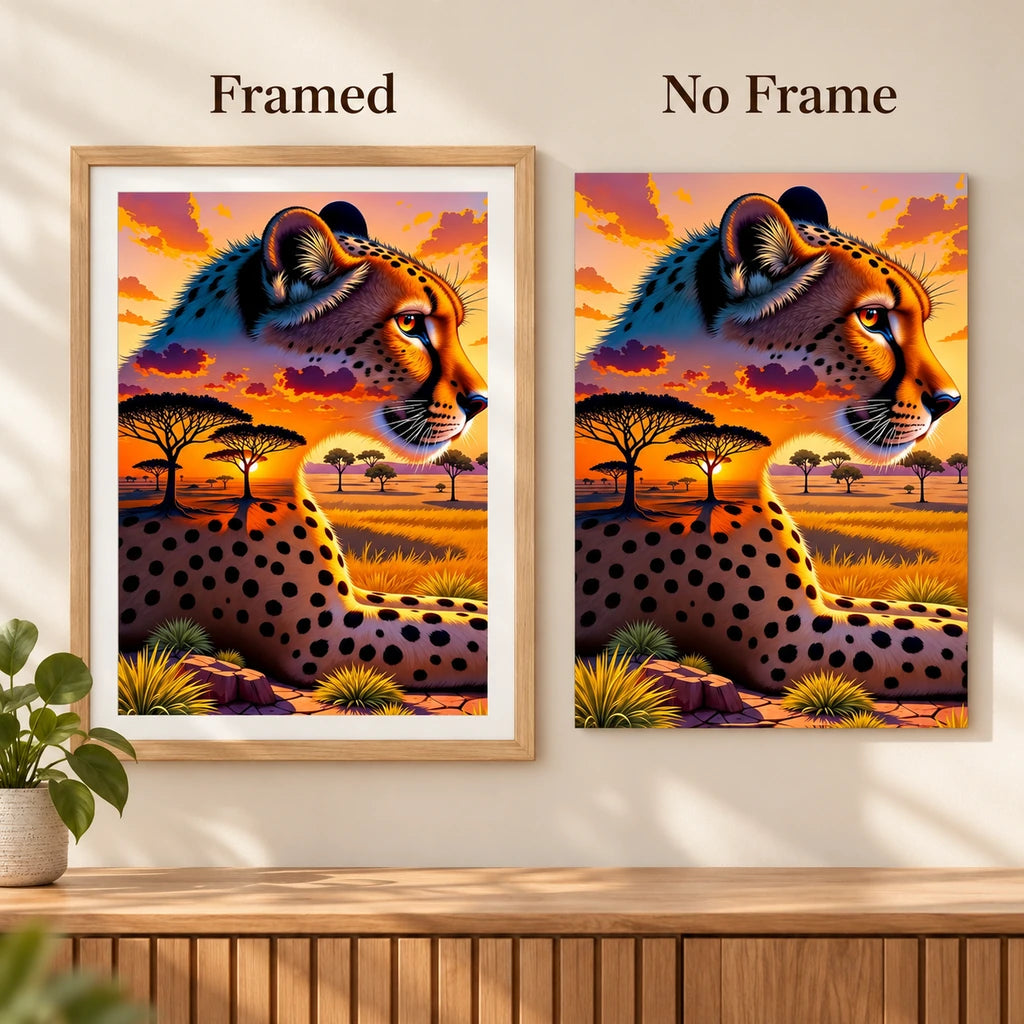 Framed and no-frame options for the cheetah sunset diamond painting