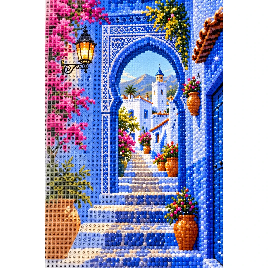 Chefchaouen Blue Archway diamond and canvas detail