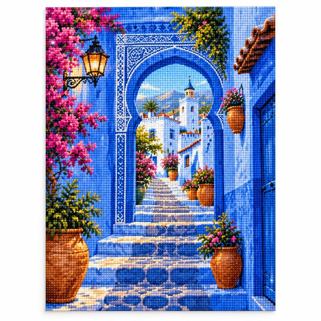 Chefchaouen Blue Archway finished diamond artwork on white background