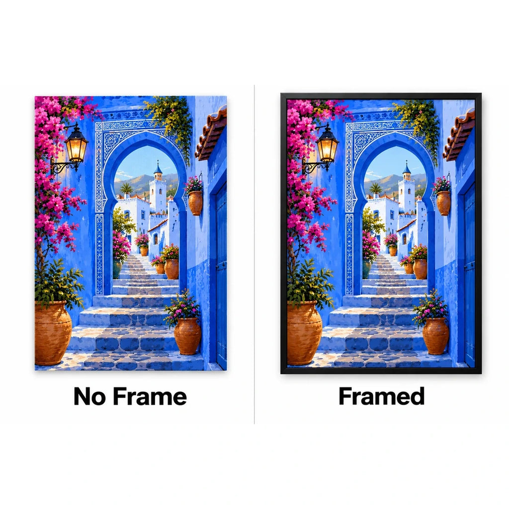 Chefchaouen Blue Archway No Frame and Framed comparison