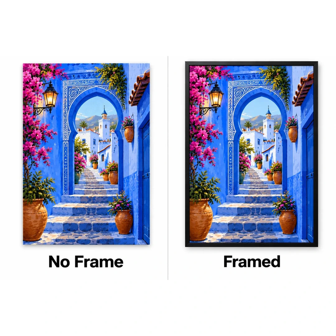 Chefchaouen Blue Archway No Frame and Framed comparison