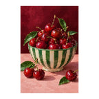 White-background finished diamond painting of cherries in a striped bowl