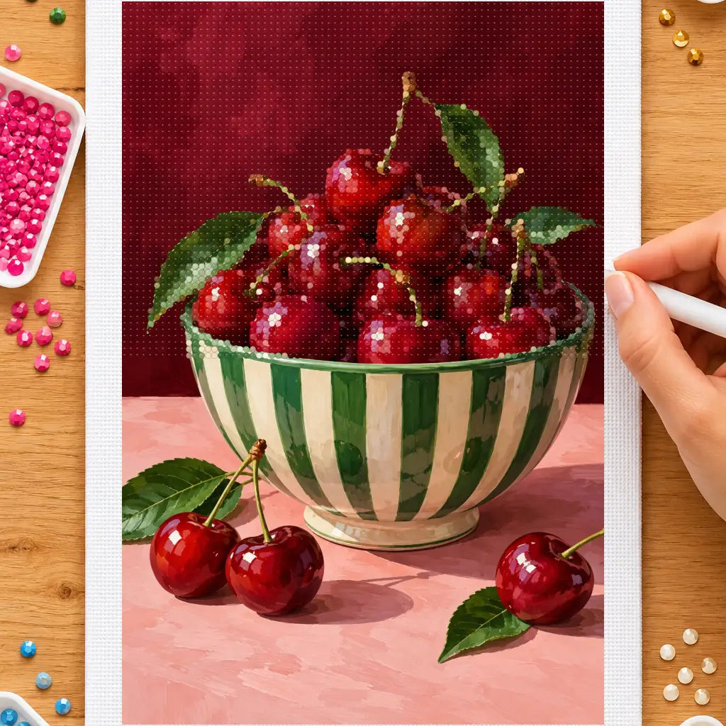 Hands placing drills on the cherries in a striped bowl diamond painting canvas