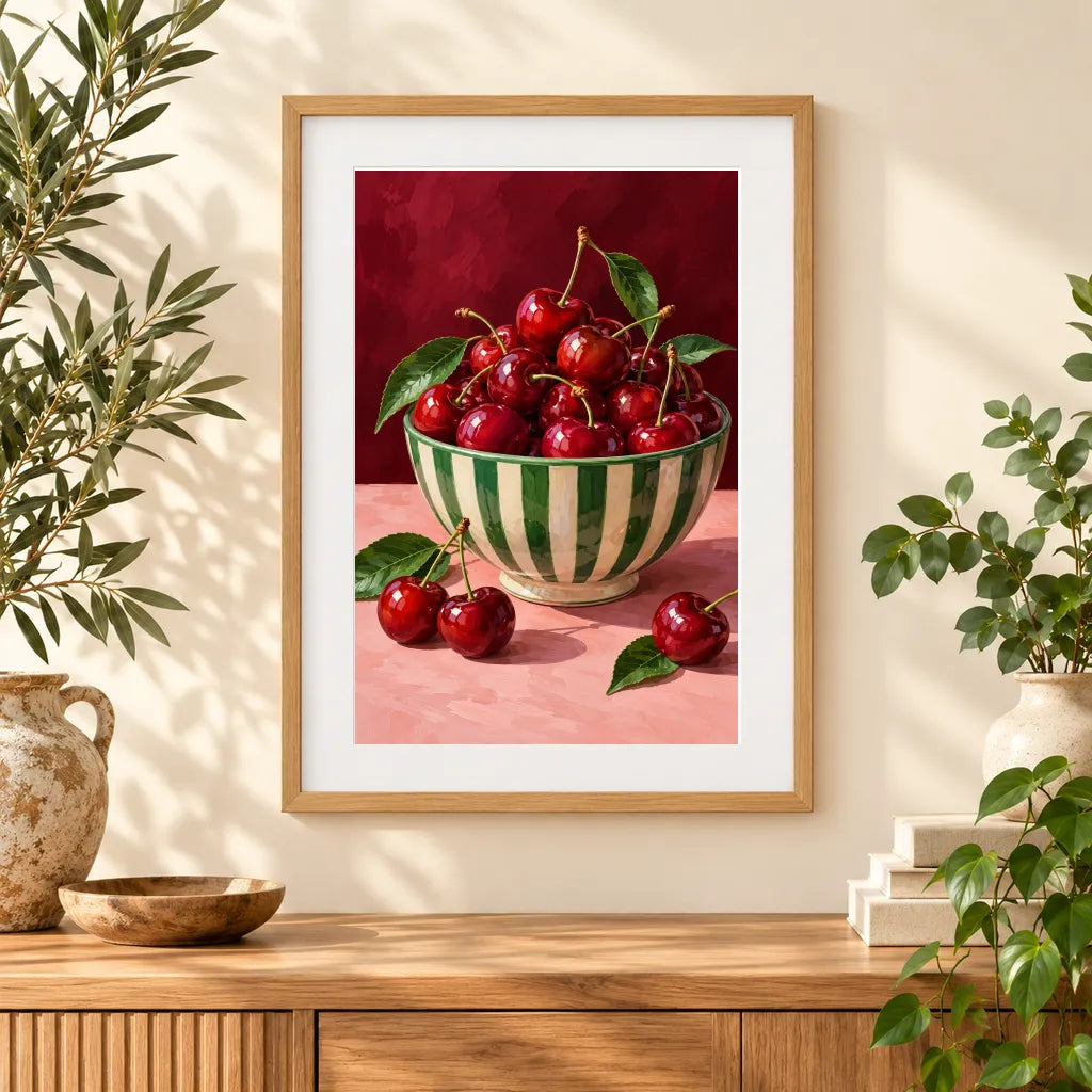 Framed home display of the cherries in a striped bowl diamond painting