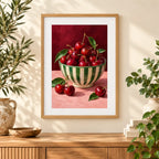 Framed home display of the cherries in a striped bowl diamond painting