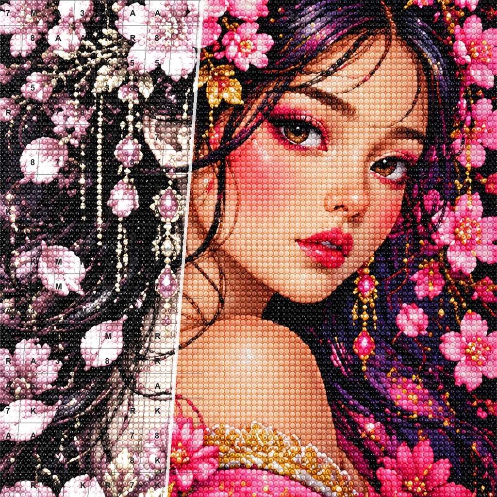 Cherry Blossom Beauty Diamond Painting Kit — Diamond and canvas detail