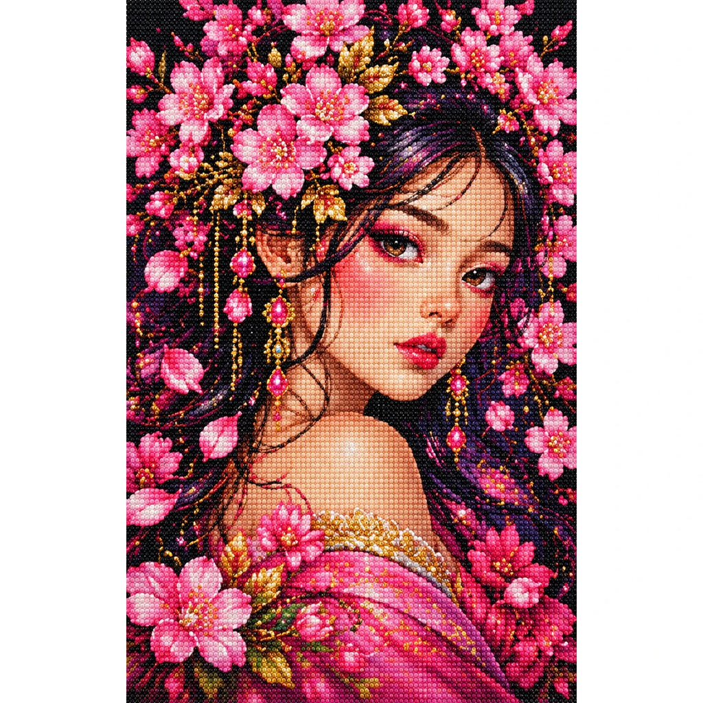 Cherry Blossom Beauty Diamond Painting Kit — Finished white-background diamond painting