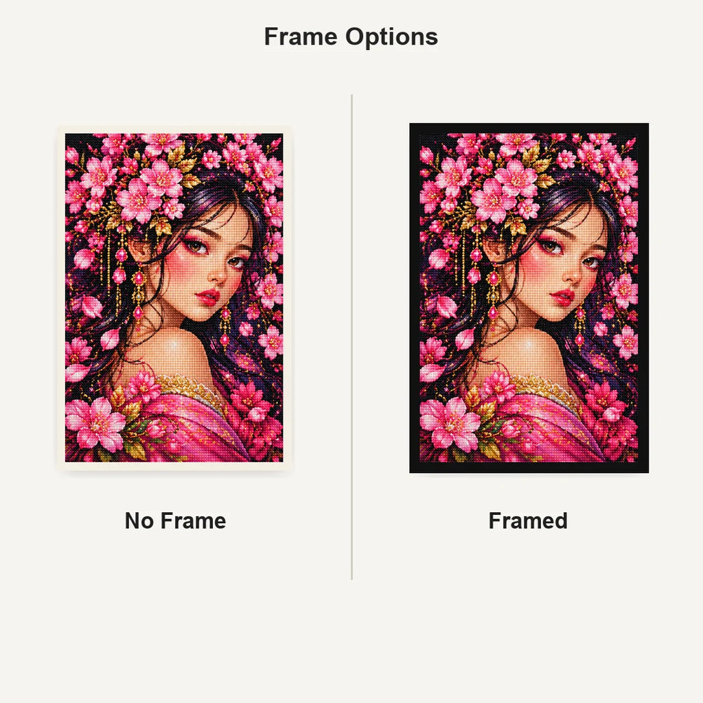 Cherry Blossom Beauty Diamond Painting Kit — No Frame and Framed comparison