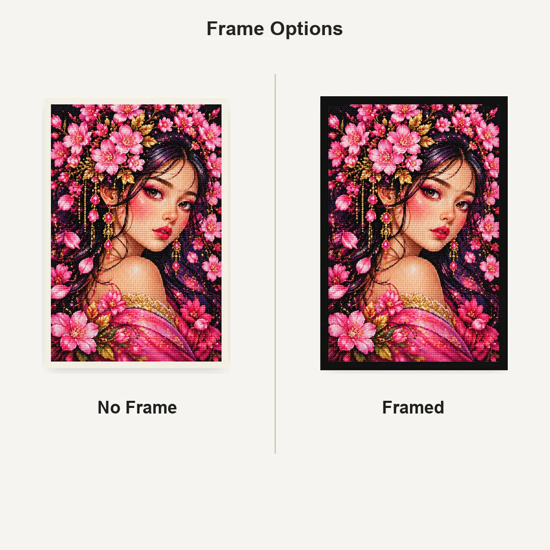 Cherry Blossom Beauty Diamond Painting Kit — No Frame and Framed comparison