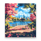 Cherry Blossom City Park paint by numbers artwork on a front-facing canvas against a white background