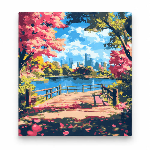 Cherry Blossom City Park paint by numbers artwork on a front-facing canvas against a white background