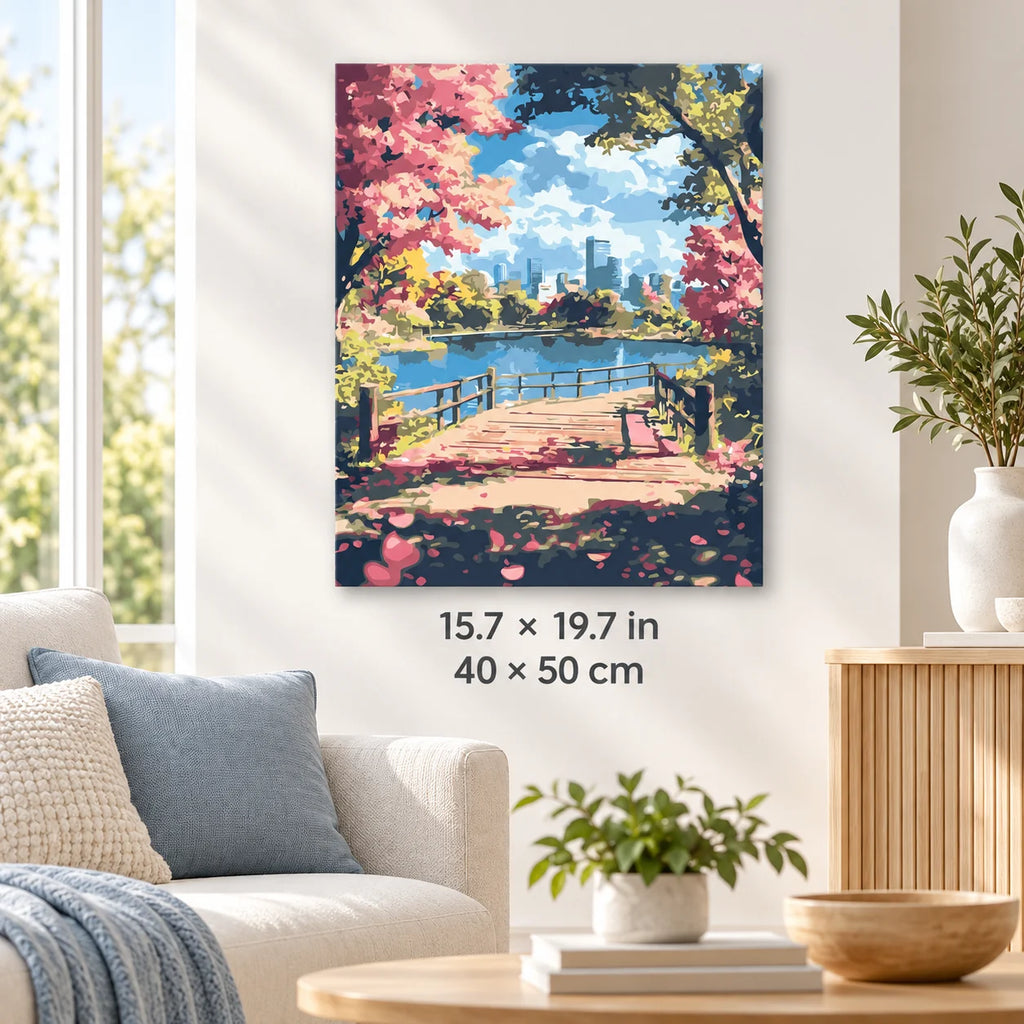 Cherry Blossom City Park shown in a styled room with 15.7 × 19.7 in and 40 × 50 cm dimensions