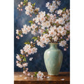 Pale pink cherry blossoms arranged in a celadon vase against a deep blue background: original artwork on a clean white background