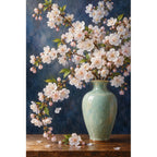 Pale pink cherry blossoms arranged in a celadon vase against a deep blue background: original artwork on a clean white background