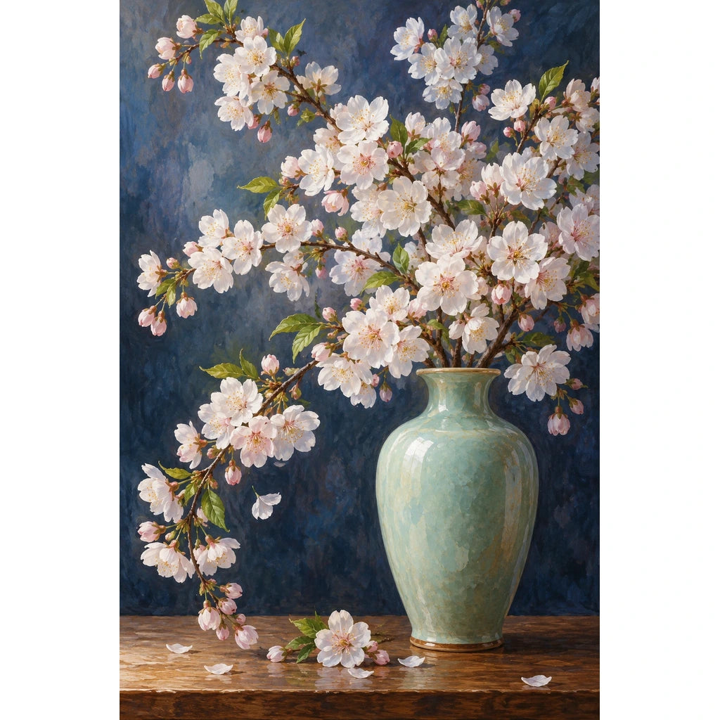 Pale pink cherry blossoms arranged in a celadon vase against a deep blue background: original artwork on a clean white background