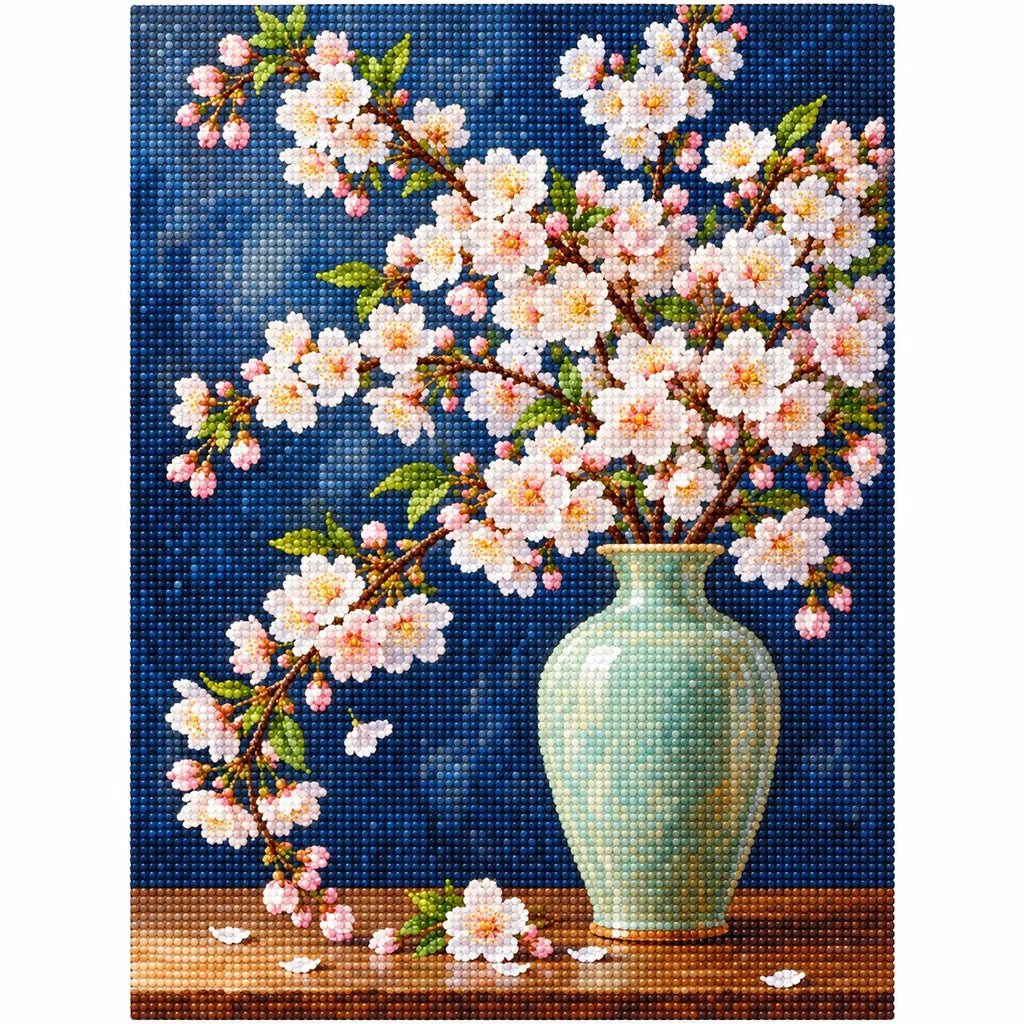 Pale pink cherry blossoms arranged in a celadon vase against a deep blue background: finished diamond painting on a clean white background