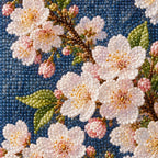 Pale pink cherry blossoms arranged in a celadon vase against a deep blue background: close-up of the diamond drills