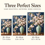 Pale pink cherry blossoms arranged in a celadon vase against a deep blue background: three available size guide
