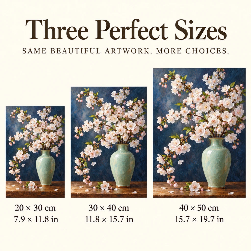Pale pink cherry blossoms arranged in a celadon vase against a deep blue background: three available size guide