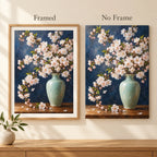 Pale pink cherry blossoms arranged in a celadon vase against a deep blue background: framed and no-frame style comparison