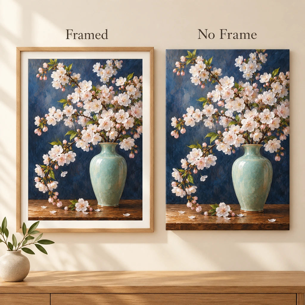 Pale pink cherry blossoms arranged in a celadon vase against a deep blue background: framed and no-frame style comparison