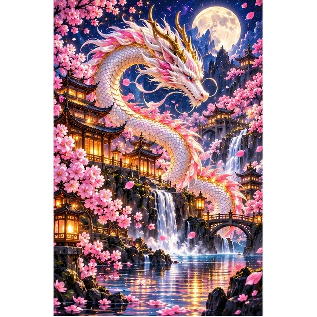 Cherry Blossom Eastern Dragon Pagoda — original artwork on a clean white background