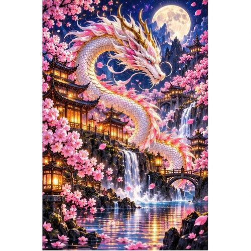 Cherry Blossom Eastern Dragon Pagoda — original artwork on a clean white background
