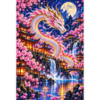 Cherry Blossom Eastern Dragon Pagoda — finished diamond painting on a white background