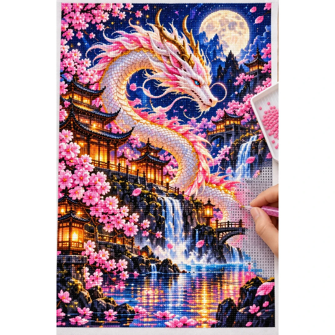 Cherry Blossom Eastern Dragon Pagoda — diamond painting process with applicator pen