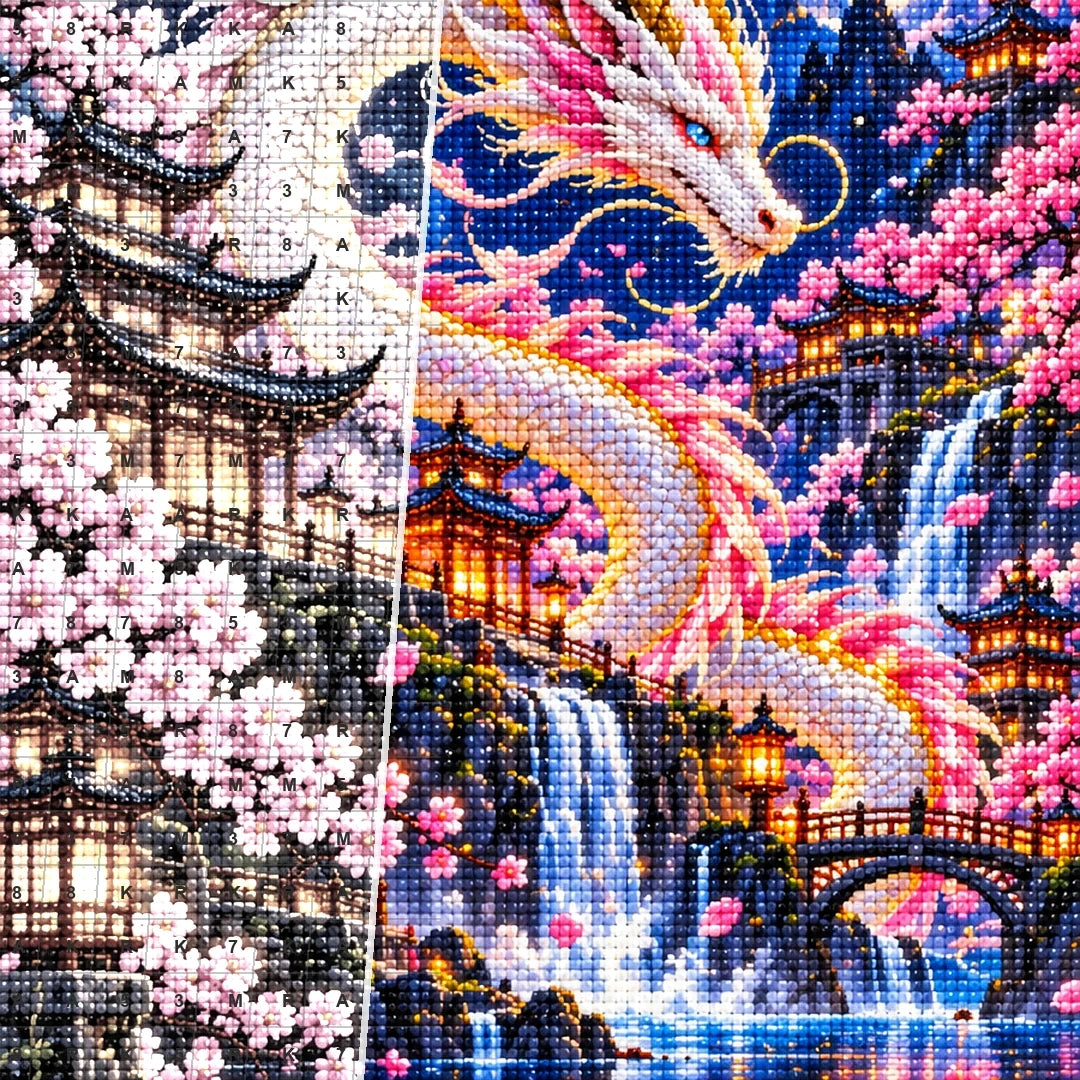 Cherry Blossom Eastern Dragon Pagoda — close-up canvas and resin drill detail