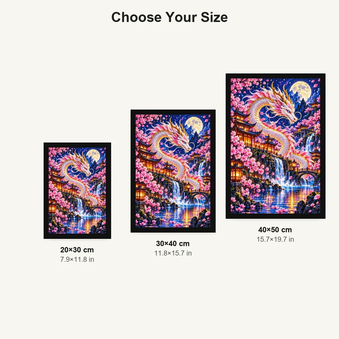 Cherry Blossom Eastern Dragon Pagoda — size comparison for 20 × 30, 30 × 40 and 40 × 50 cm