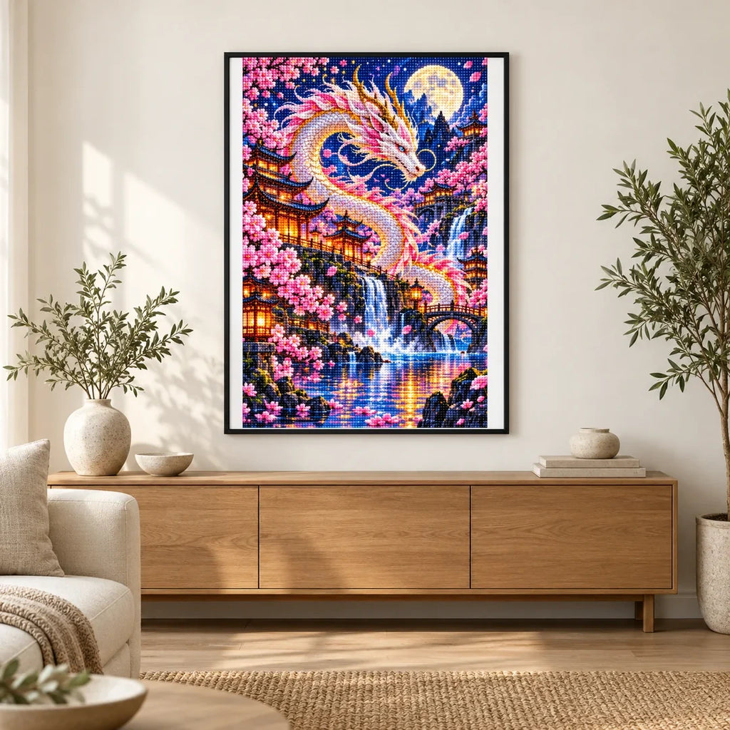 Cherry Blossom Eastern Dragon Pagoda — finished diamond painting displayed in a home interior