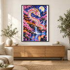 Cherry Blossom Eastern Dragon Pagoda — finished diamond painting displayed in a home interior