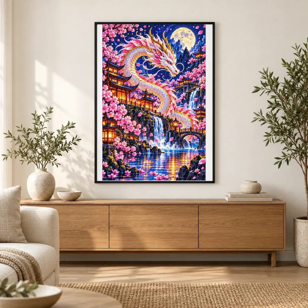 Cherry Blossom Eastern Dragon Pagoda — finished diamond painting displayed in a home interior