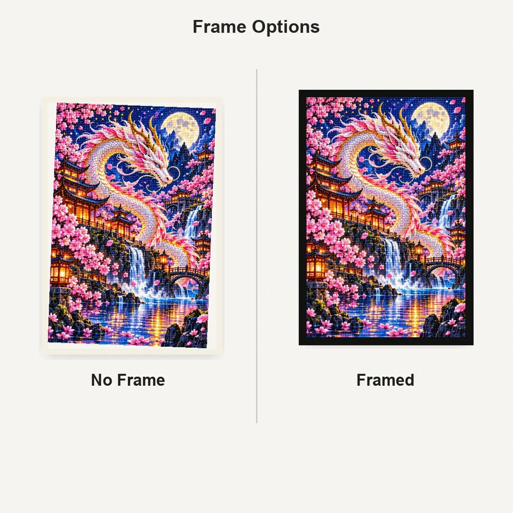 Cherry Blossom Eastern Dragon Pagoda — No Frame and Framed style comparison