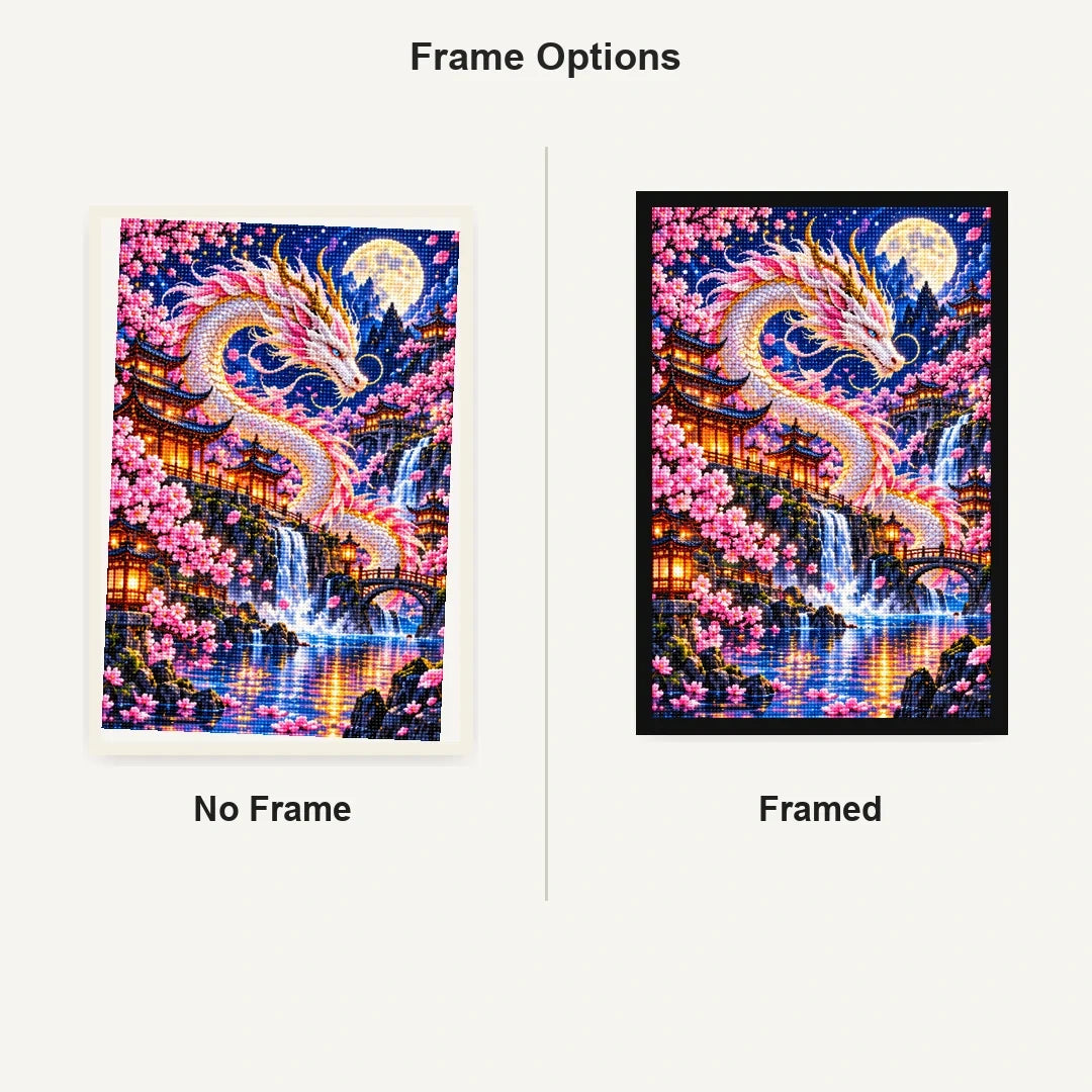 Cherry Blossom Eastern Dragon Pagoda — No Frame and Framed style comparison