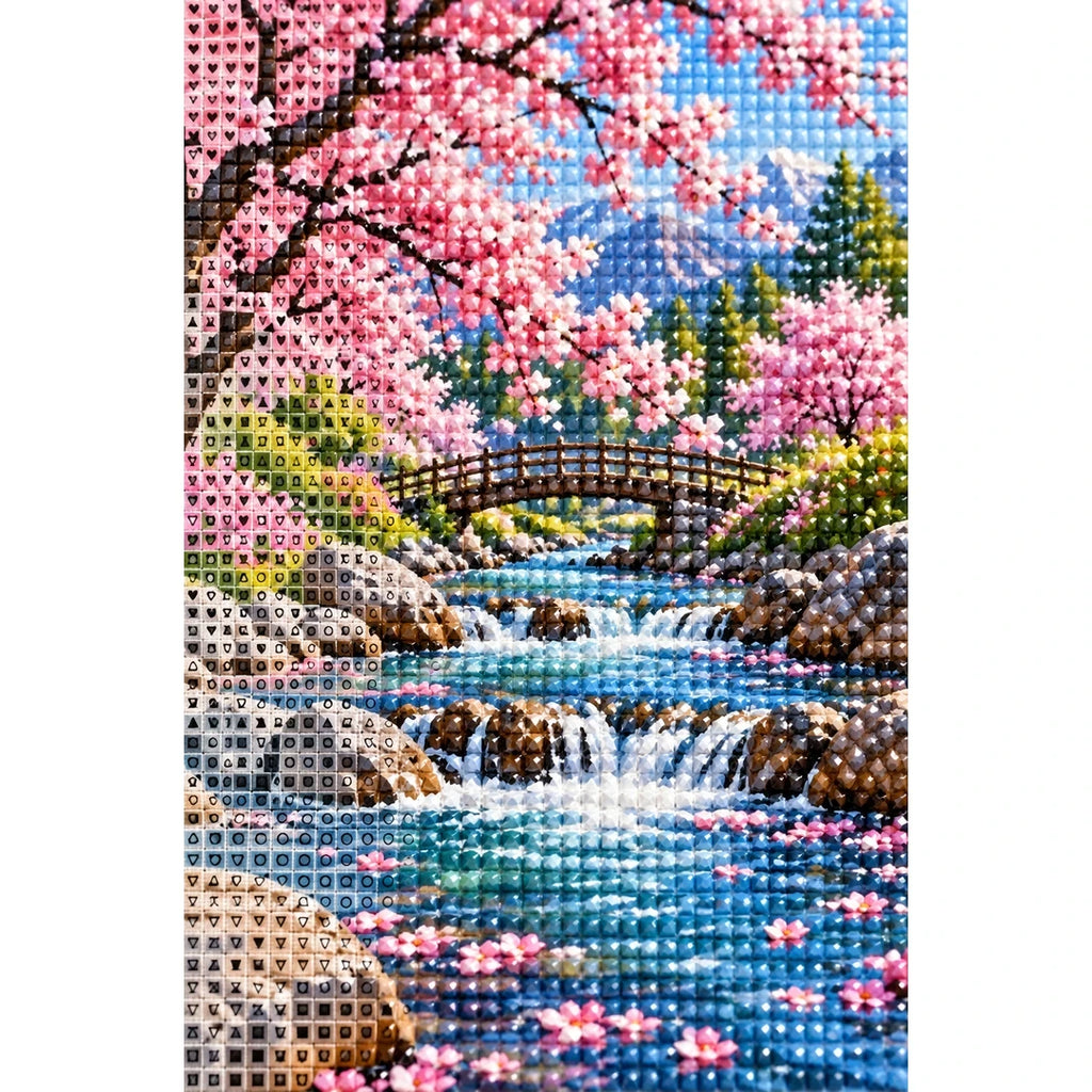 Cherry Blossom Mountain Stream Diamond Painting Kit diamond and canvas detail