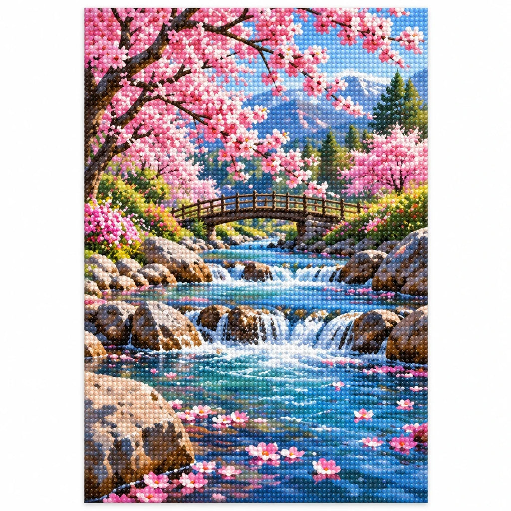 Cherry Blossom Mountain Stream Diamond Painting Kit finished diamond artwork on white background