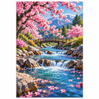 Cherry Blossom Mountain Stream Diamond Painting Kit finished diamond artwork on white background
