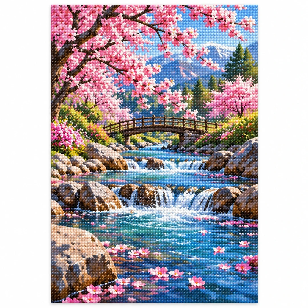 Cherry Blossom Mountain Stream Diamond Painting Kit finished diamond artwork on white background