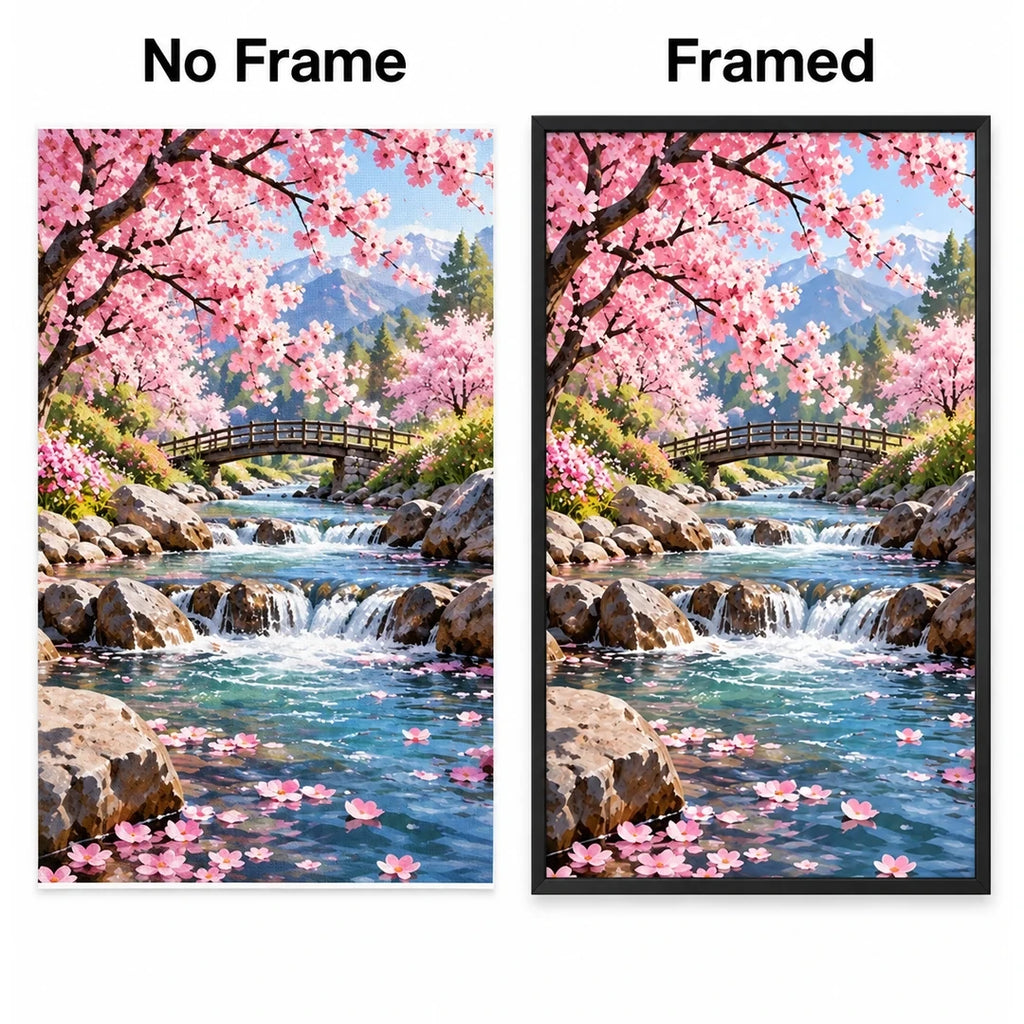Cherry Blossom Mountain Stream Diamond Painting Kit No Frame and Framed comparison
