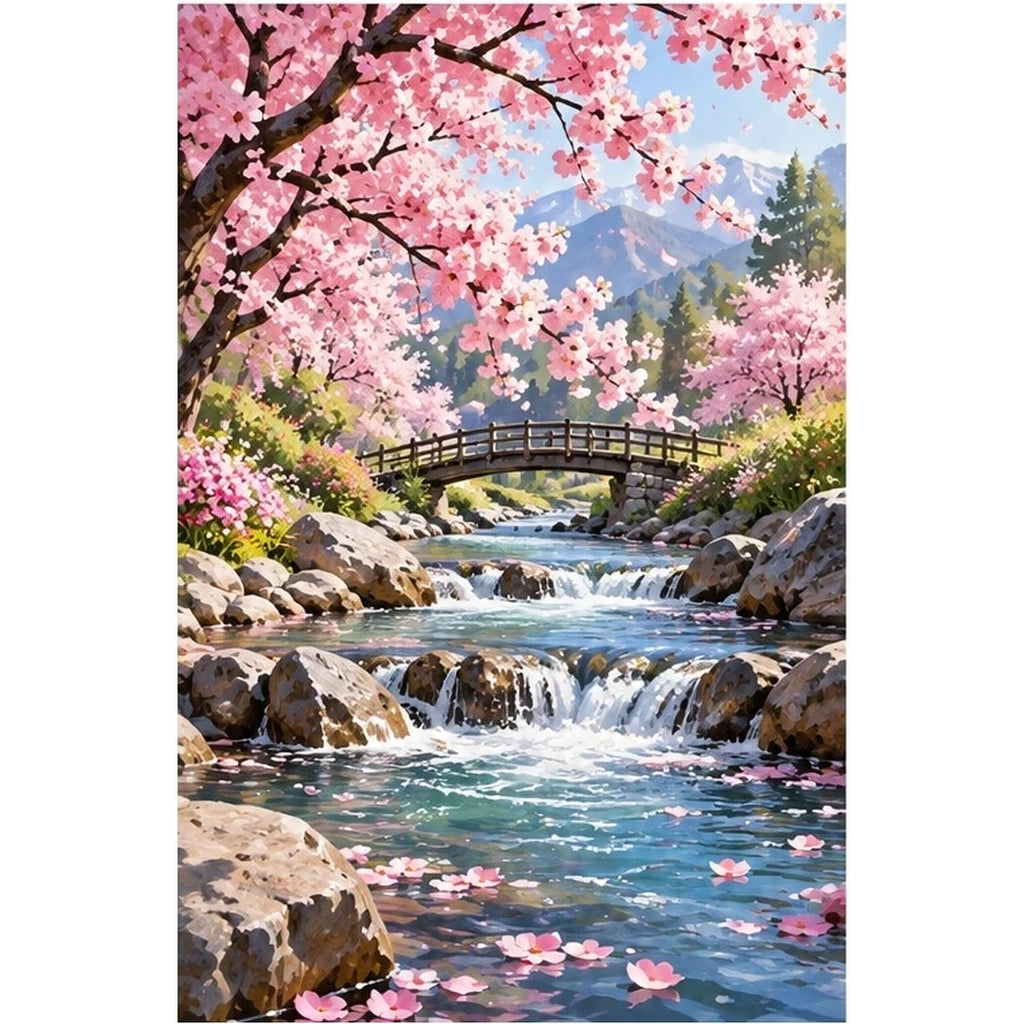 Cherry Blossom Mountain Stream original artwork on white background