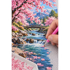Cherry Blossom Mountain Stream Diamond Painting Kit diamond placement process