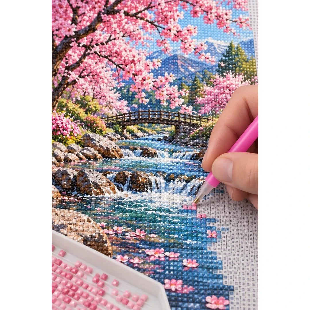 Cherry Blossom Mountain Stream Diamond Painting Kit diamond placement process