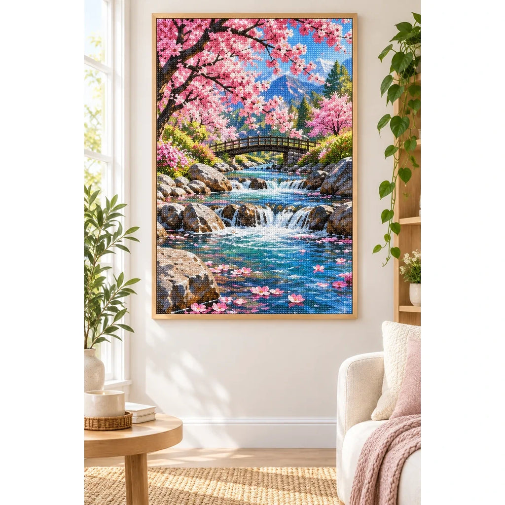 Cherry Blossom Mountain Stream Diamond Painting Kit home decor scene