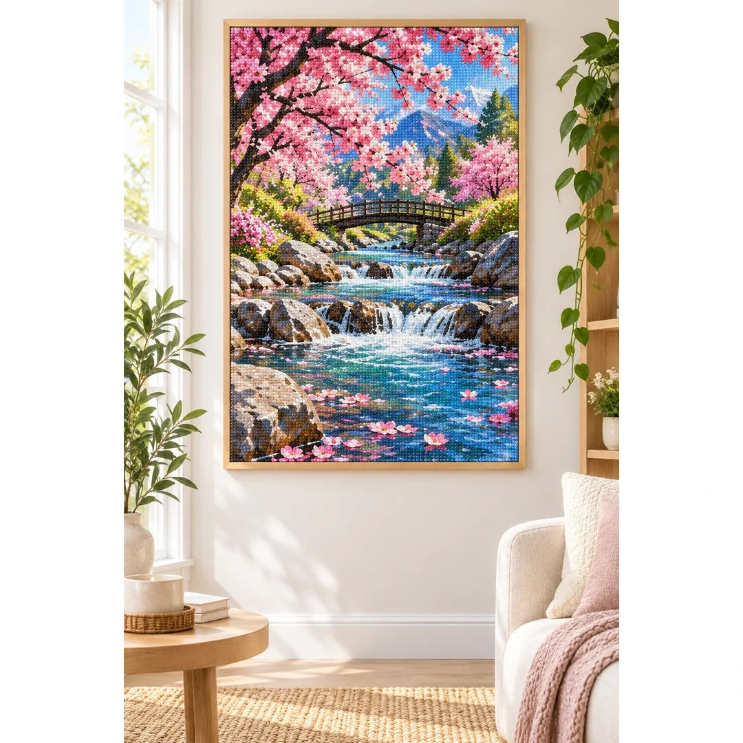 Cherry Blossom Mountain Stream Diamond Painting Kit home decor scene