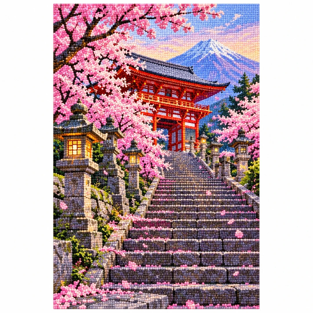 Cherry Blossom Shrine Steps finished diamond artwork on white background