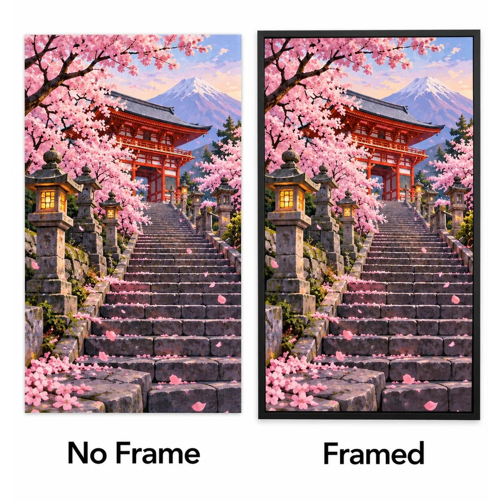 Cherry Blossom Shrine Steps No Frame and Framed comparison