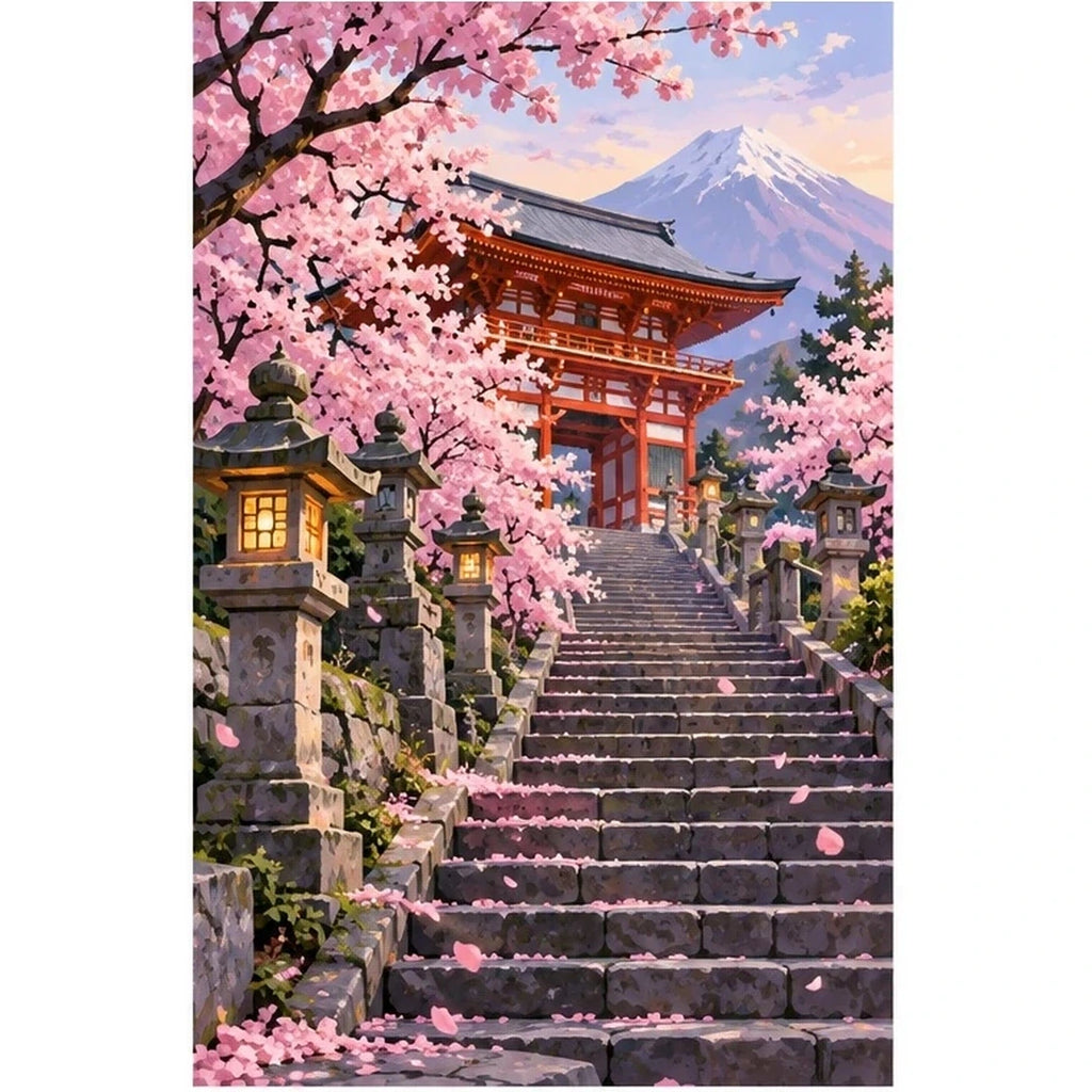 Cherry Blossom Shrine Steps original artwork on white background