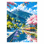 Original artwork for Cherry Blossoms By The Tracks Diamond Painting Kit, featuring pink cherry blossoms lining a mountain railway as a train crosses a blue stream.